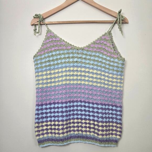 Rose Carmine Crochet Metallic Striped Tank Top Size 1 S M Pastel Handmade Knit - Picture 1 of 8